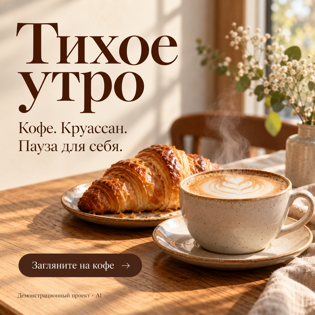 Баннер «Тихое утро»: чашка капучино и круассан в утреннем свете. Текст: «Кофе. Круассан. Пауза для себя». Внизу приглашение заглянуть на кофе и подпись демонстрационного AI-проекта.